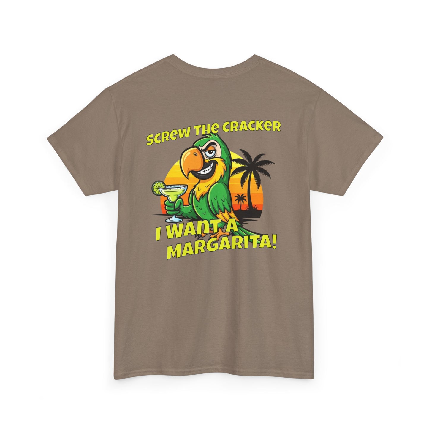 Brown t-shirt with a parrot graphic and text on a white background