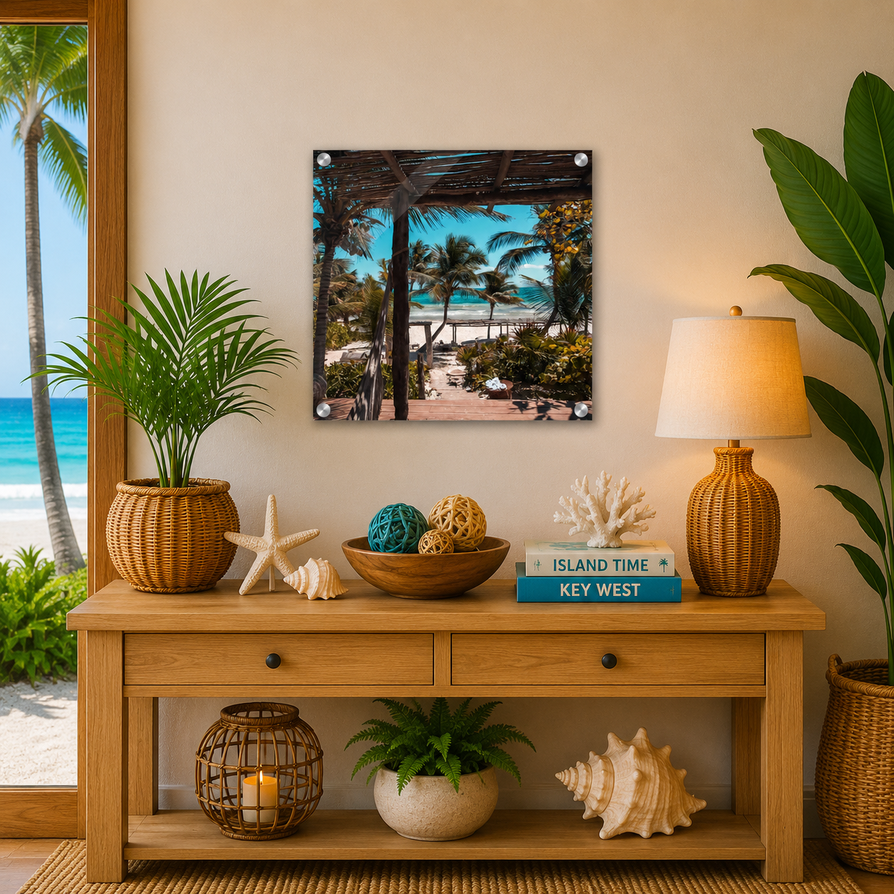 Decorative living room setup with a wooden console table, plants, and beach-themed decor.