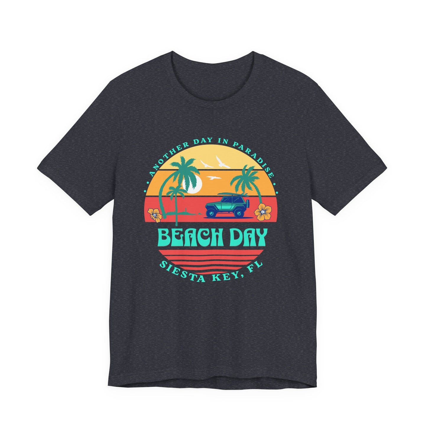 Black t-shirt with a colorful 'Beach Day' graphic on a white background-Caribbean Rays