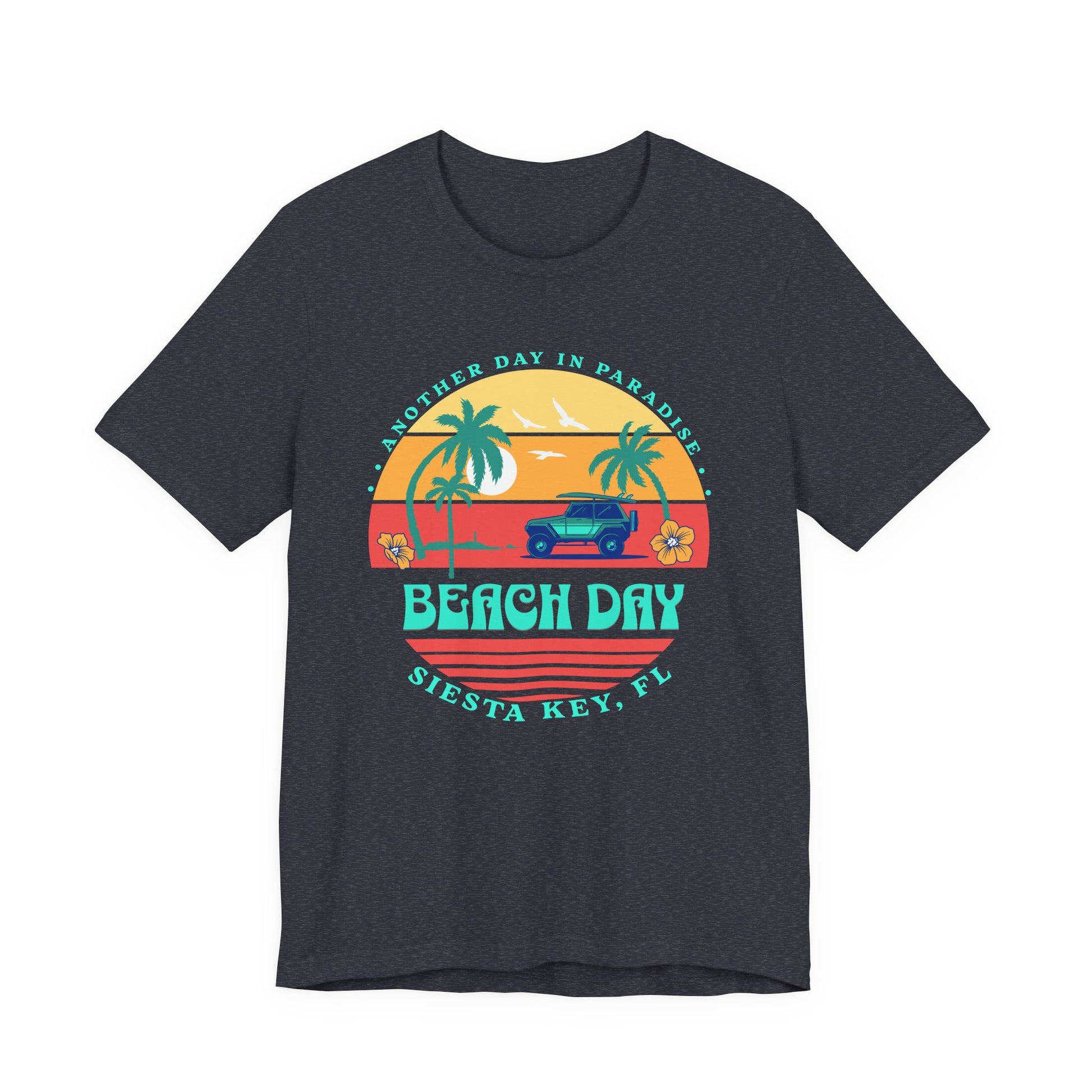 Black t-shirt with a colorful 'Beach Day' graphic on a white background-Caribbean Rays