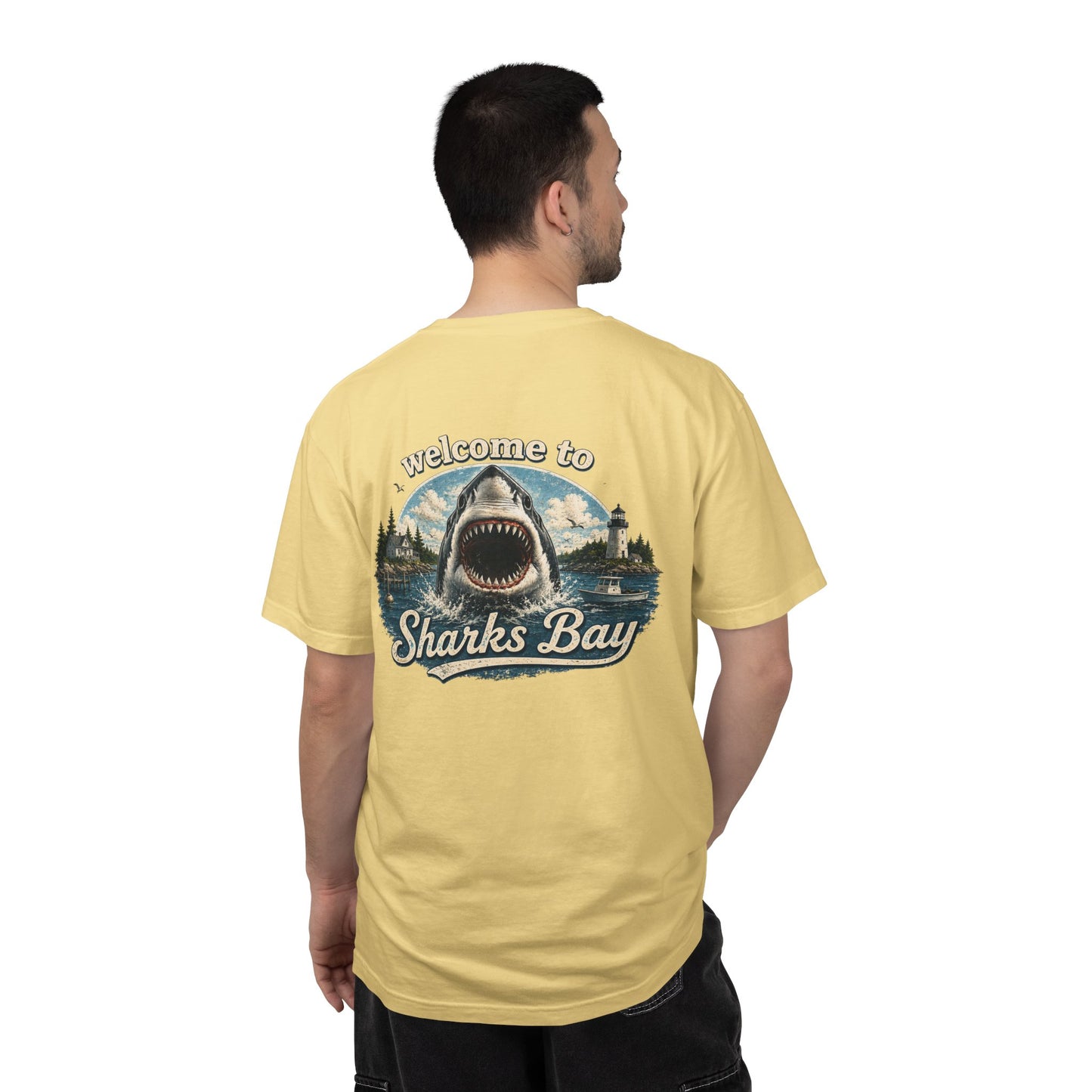 Sharks Bay T-Shirt — "Welcome to Sharks Bay" Vintage Shark Graphic Tee