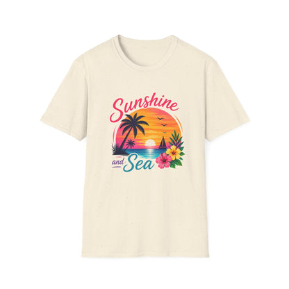 Cream beige crewneck T-shirt with “Sunshine and Sea” tropical palm sunset graphic
