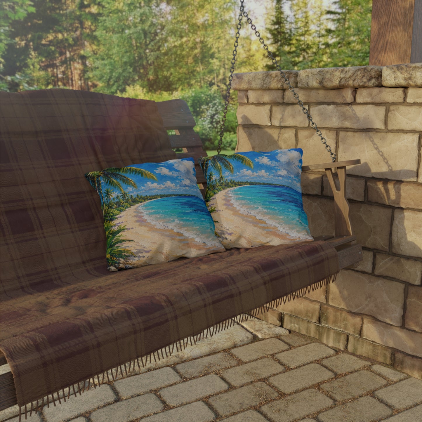 Tropical Caribbean Beach Outdoor Pillow — Coastal Palm Tree Seaside Decor