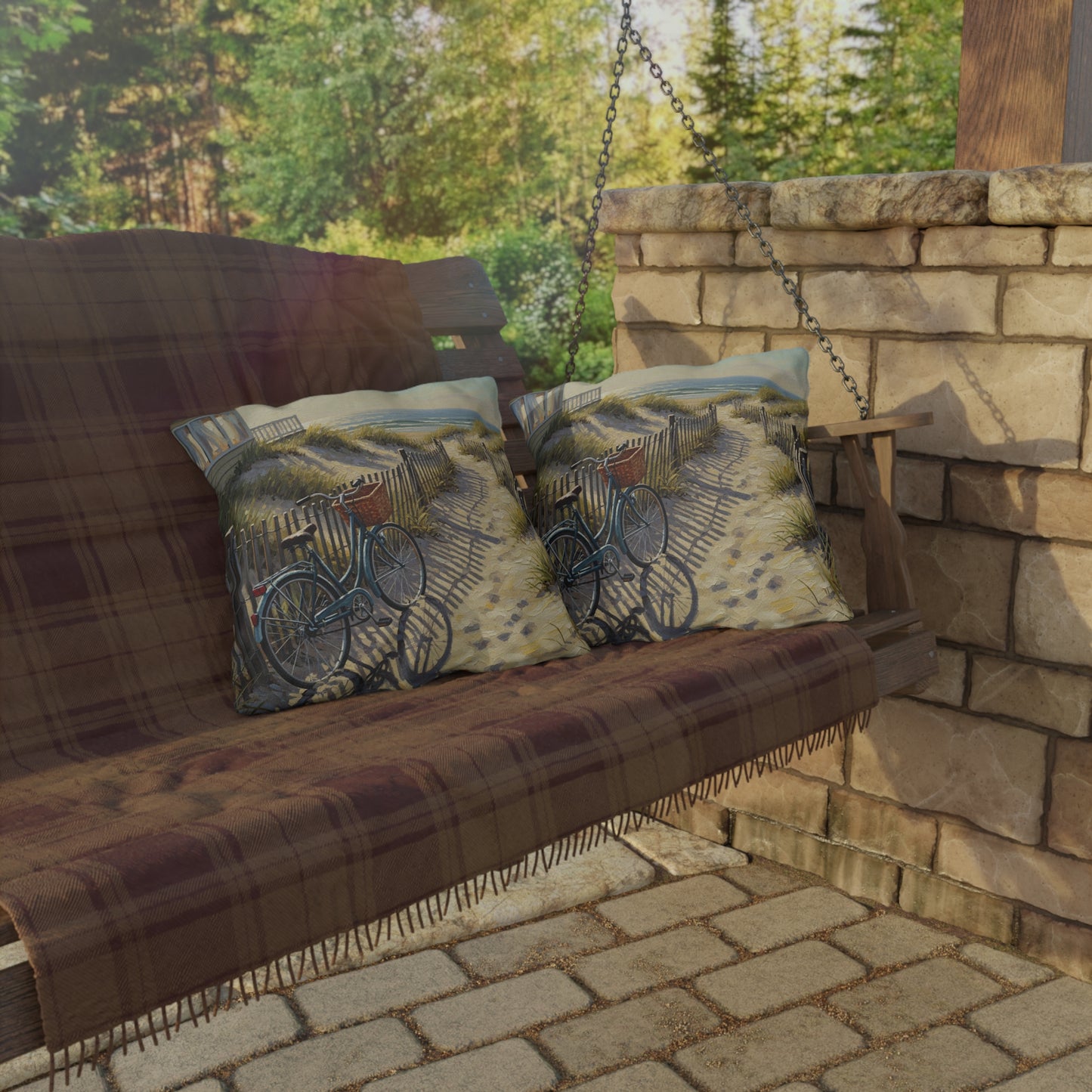 Wooden swing with patterned cushions on a stone patio
