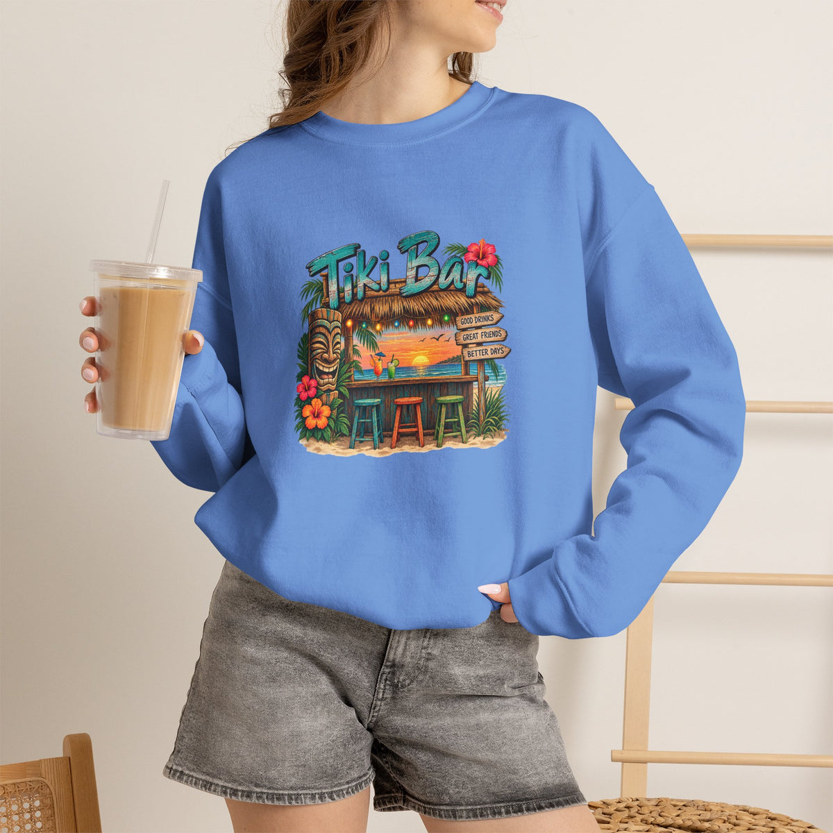 Tiki Bar Crewneck Sweatshirt — Retro Tropical Sunset Design
