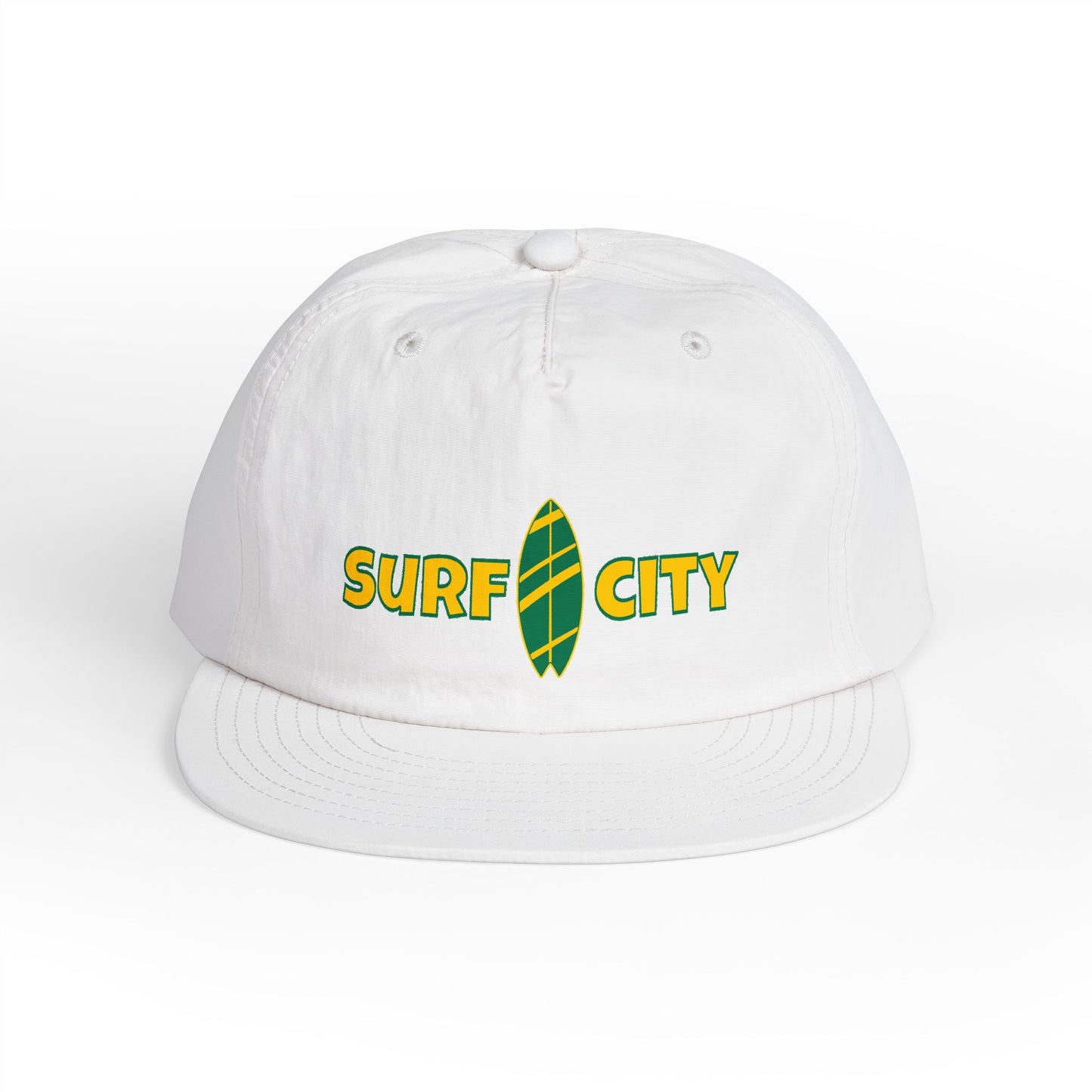 White cap with 'Surf City' logo on a white background