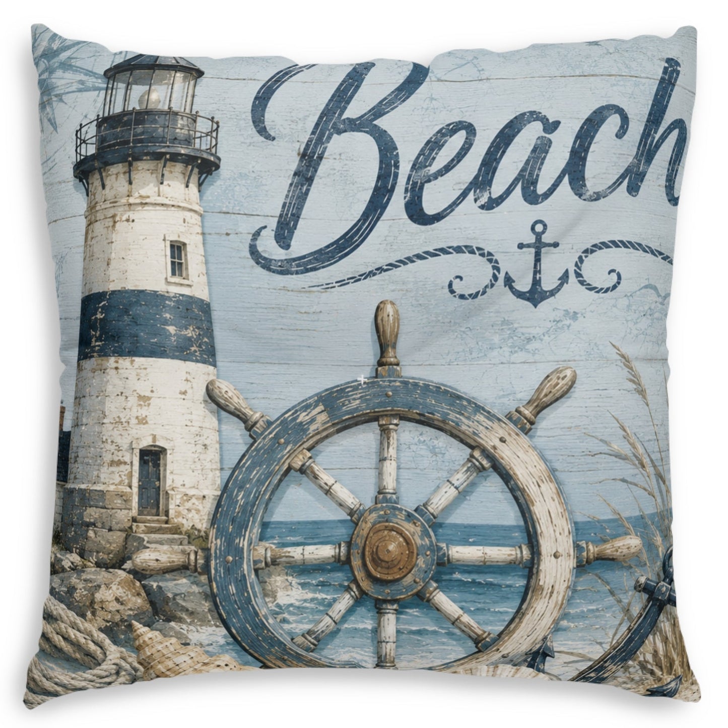 A square decorative throw pillow featuring a nautical design with a lighthouse, a large ship's wheel, rope, and the word 'Beach' in script on a light blue distressed background.