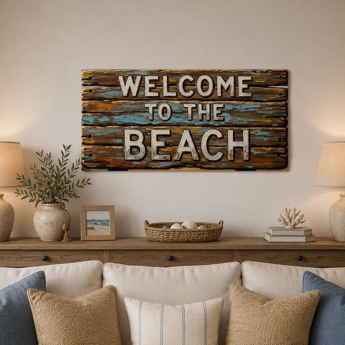 Living room with 'Welcome to the Beach' sign above a sofa