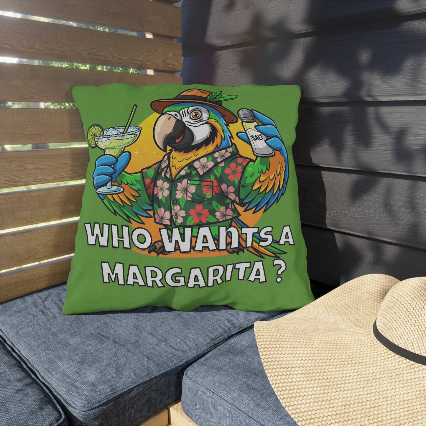 Parrot Margarita Outdoor Pillow — "Who Wants a Margarita?" Tropical Patio Cushion