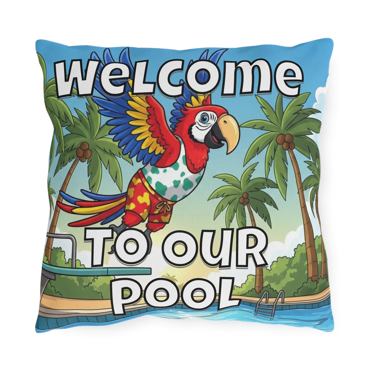 Welcome To Our Pool Outdoor Pillow — Tropical Parrot Poolside Decorative Cushion