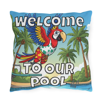 Welcome To Our Pool Outdoor Pillow — Tropical Parrot Poolside Decorative Cushion