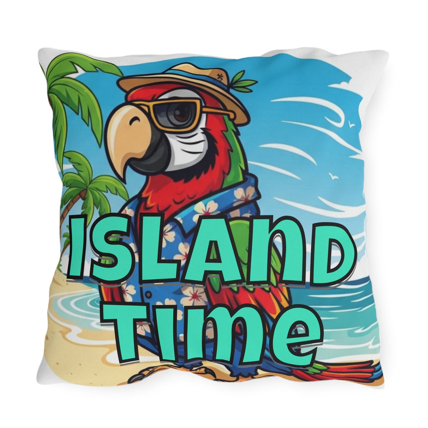 Decorative pillow with a parrot wearing sunglasses and a hat, and the text 'Island Time' on a beach background.