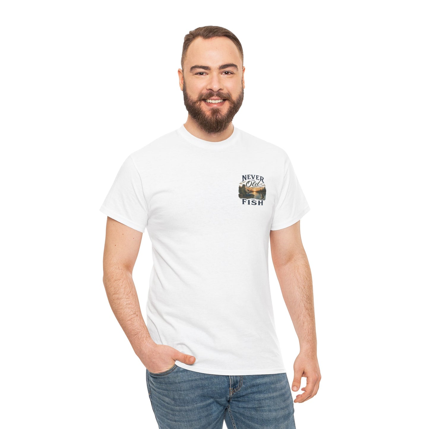 T-Shirt — "Never Too Old to Fish" Fishing Tee (Sunset Lake Design)