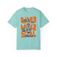 Light blue t-shirt with colorful graphic design on a white background at Caribbean Rays