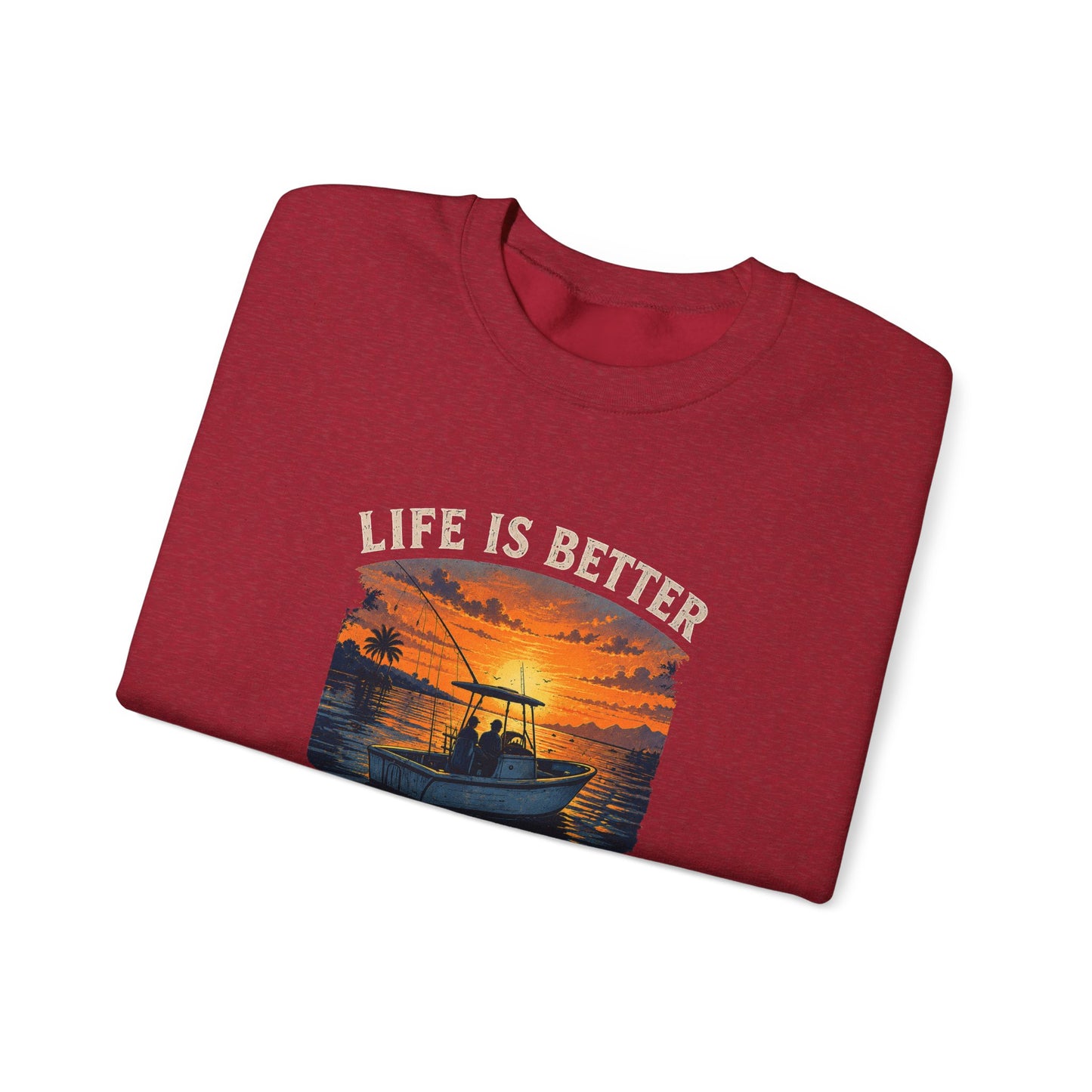 "Life Is Better On The Water" Crewneck Sweatshirt -Boat Sunset Graphic