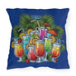 Decorative pillow with colorful cocktails and tropical elements on a blue background