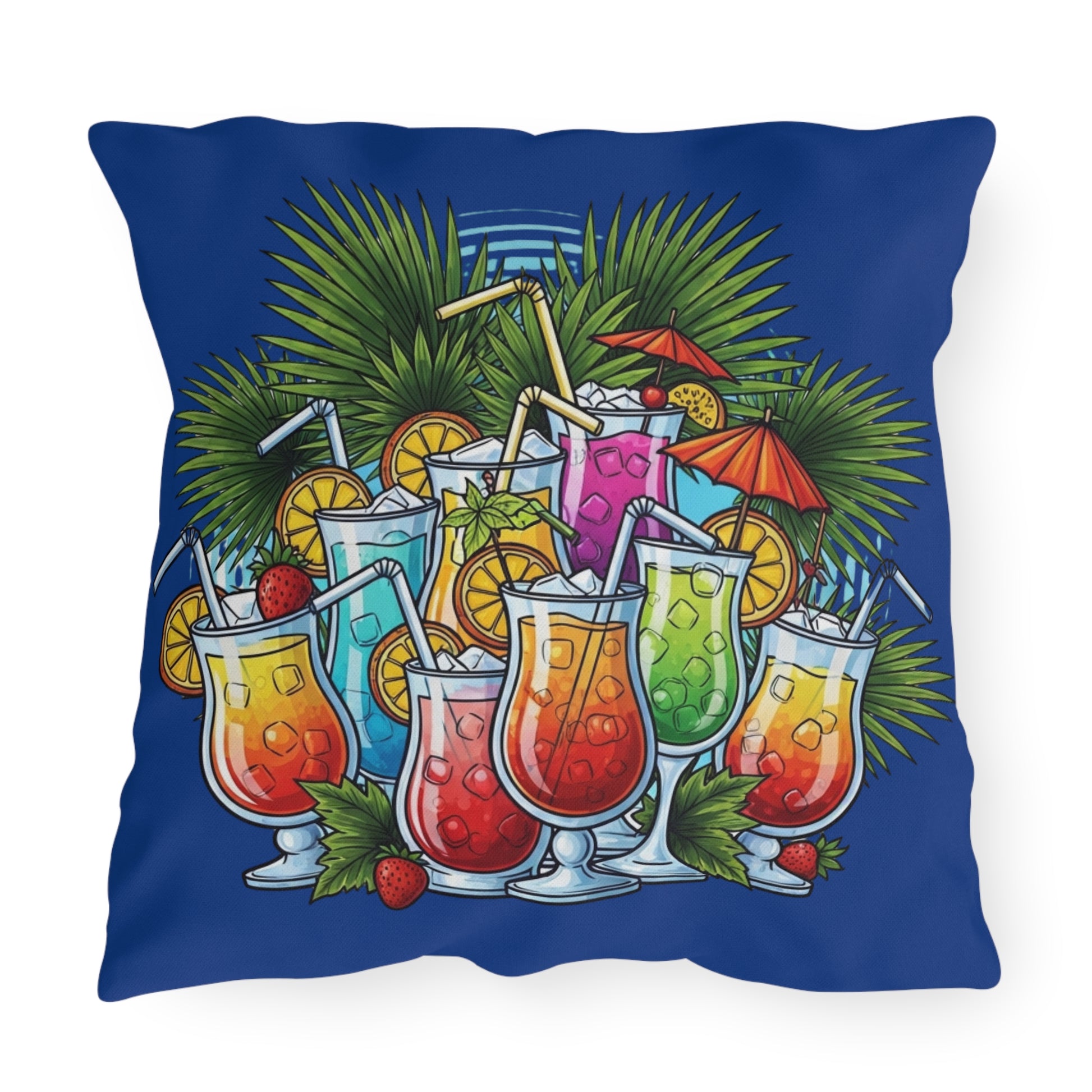 Decorative pillow with colorful cocktails and tropical elements on a blue background