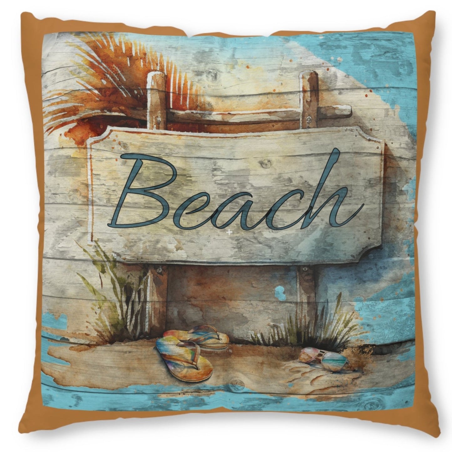 Rustic Beach Sign Brown Tufted Floor Pillow, Square by Caribbean Rays