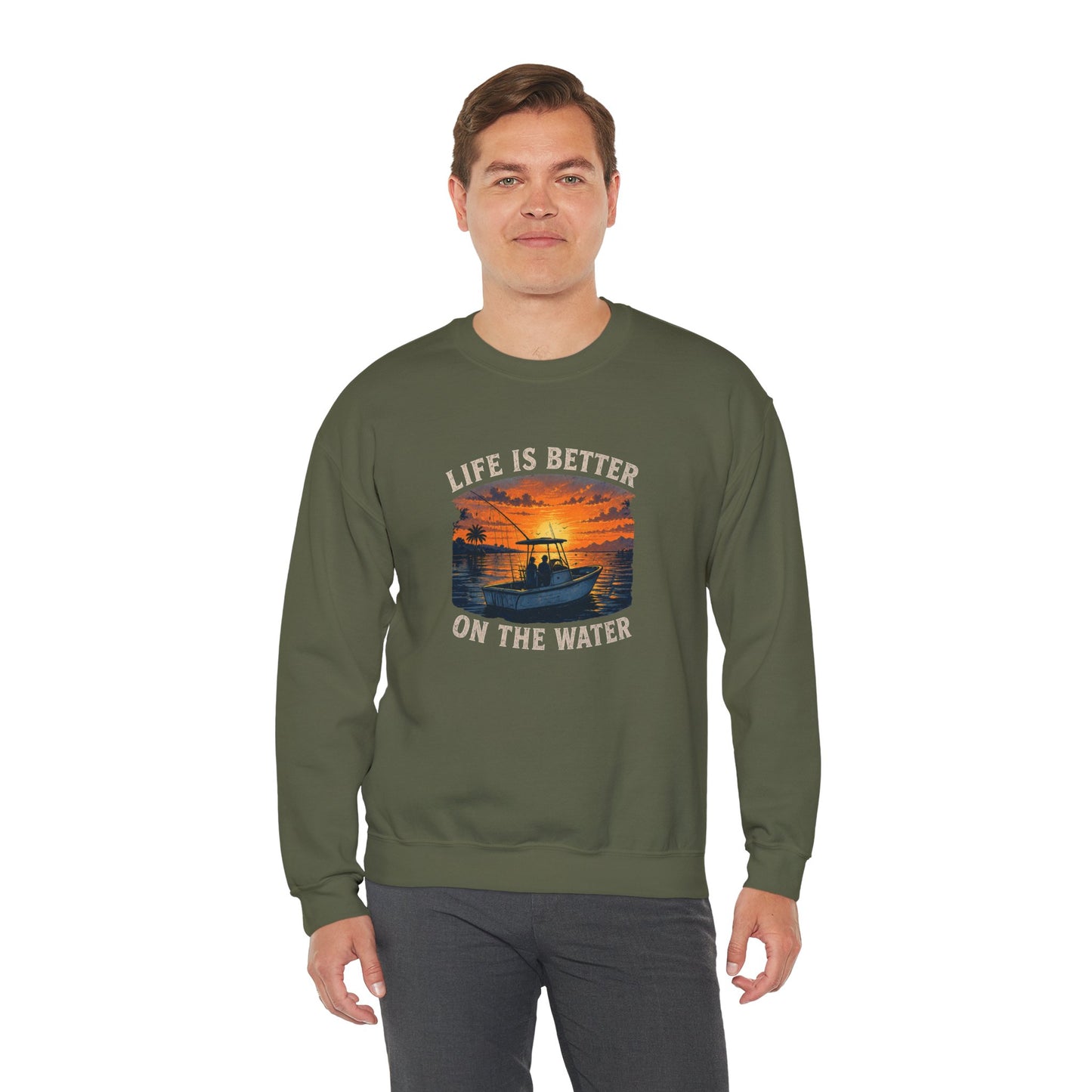 "Life Is Better On The Water" Crewneck Sweatshirt -Boat Sunset Graphic