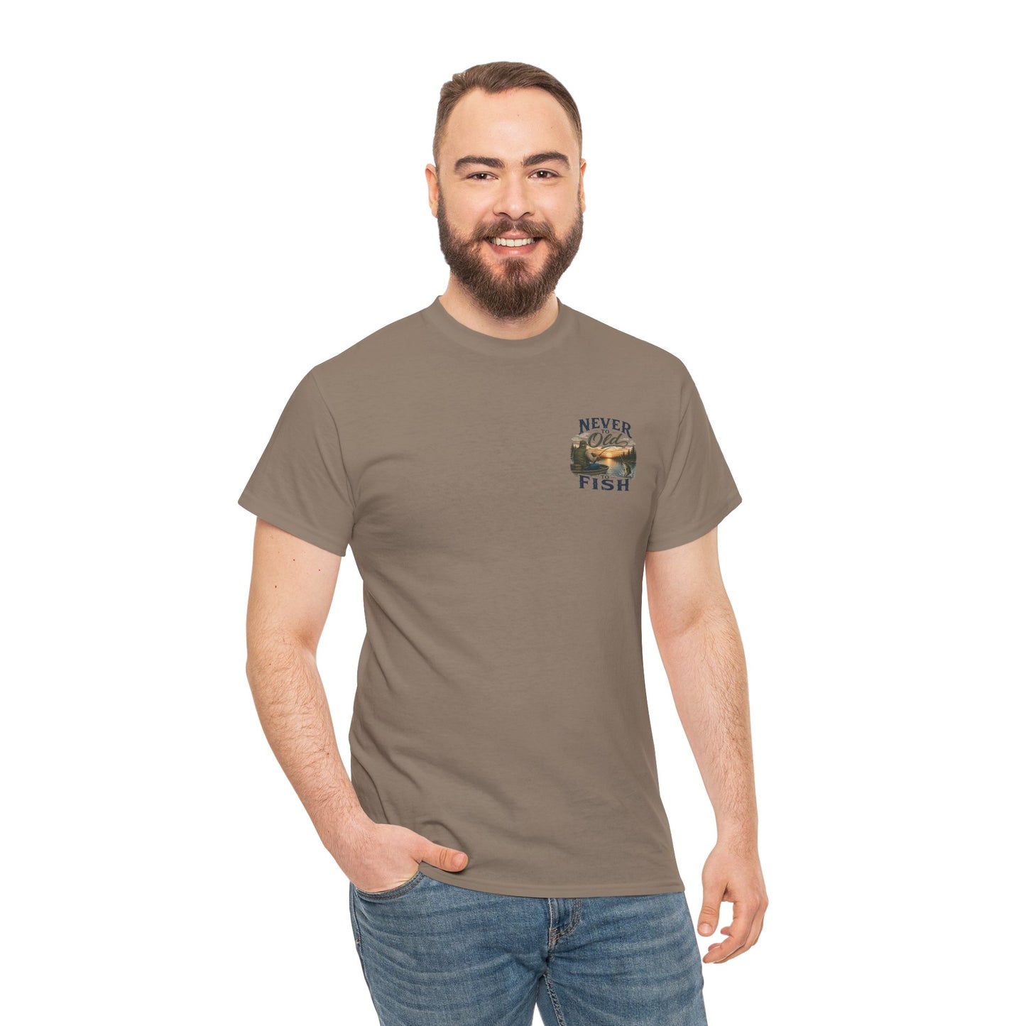 T-Shirt — "Never Too Old to Fish" Fishing Tee (Sunset Lake Design)