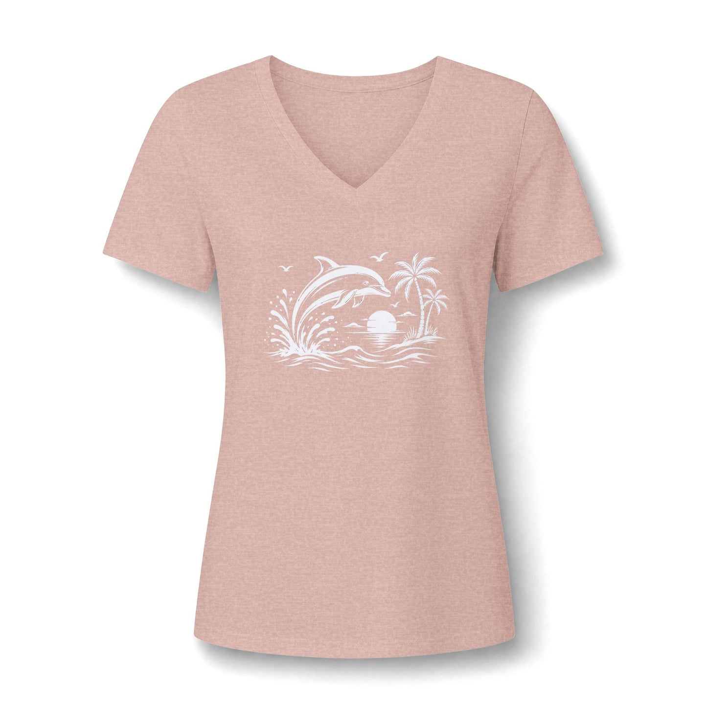 Dolphin Beach Sunset Graphic-Women’s V‑Neck Tee