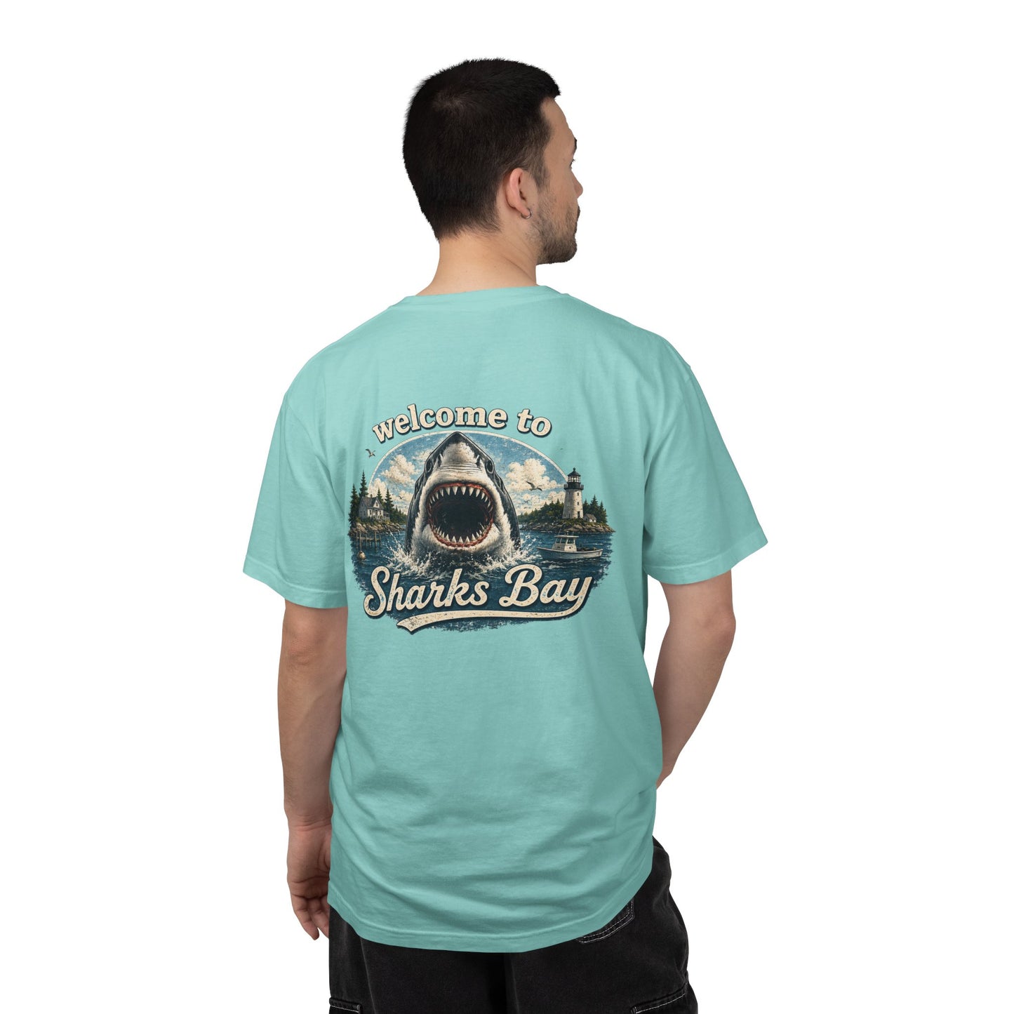 Sharks Bay T-Shirt — "Welcome to Sharks Bay" Vintage Shark Graphic Tee
