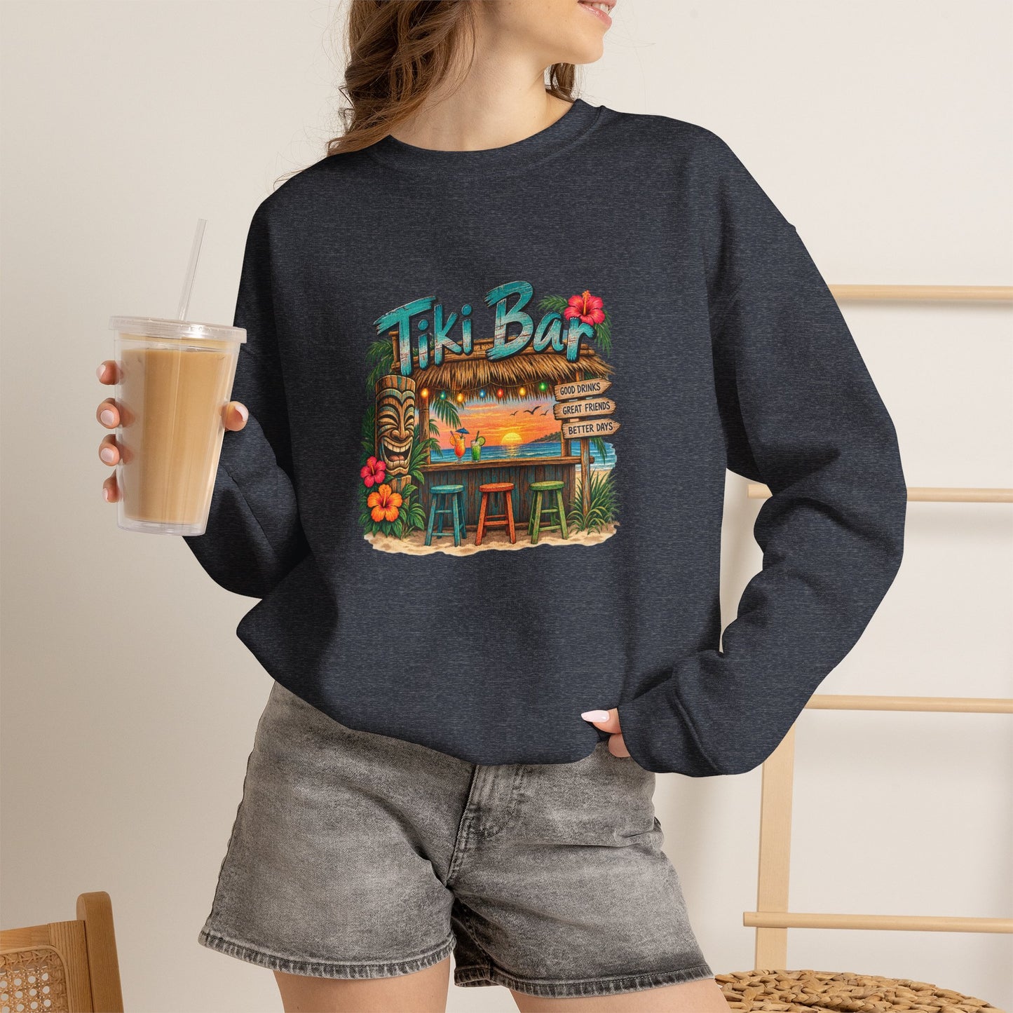 Tiki Bar Crewneck Sweatshirt — Retro Tropical Sunset Design