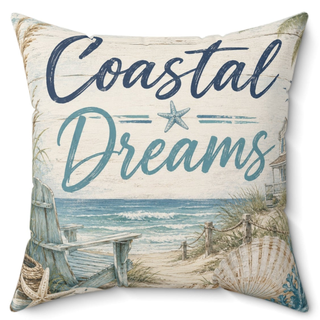 A square decorative throw pillow featuring a coastal beach scene with the words 'Coastal Dreams' in navy and teal script, set against a clean white background.