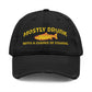 Black cap with yellow text and fish graphic on a white background