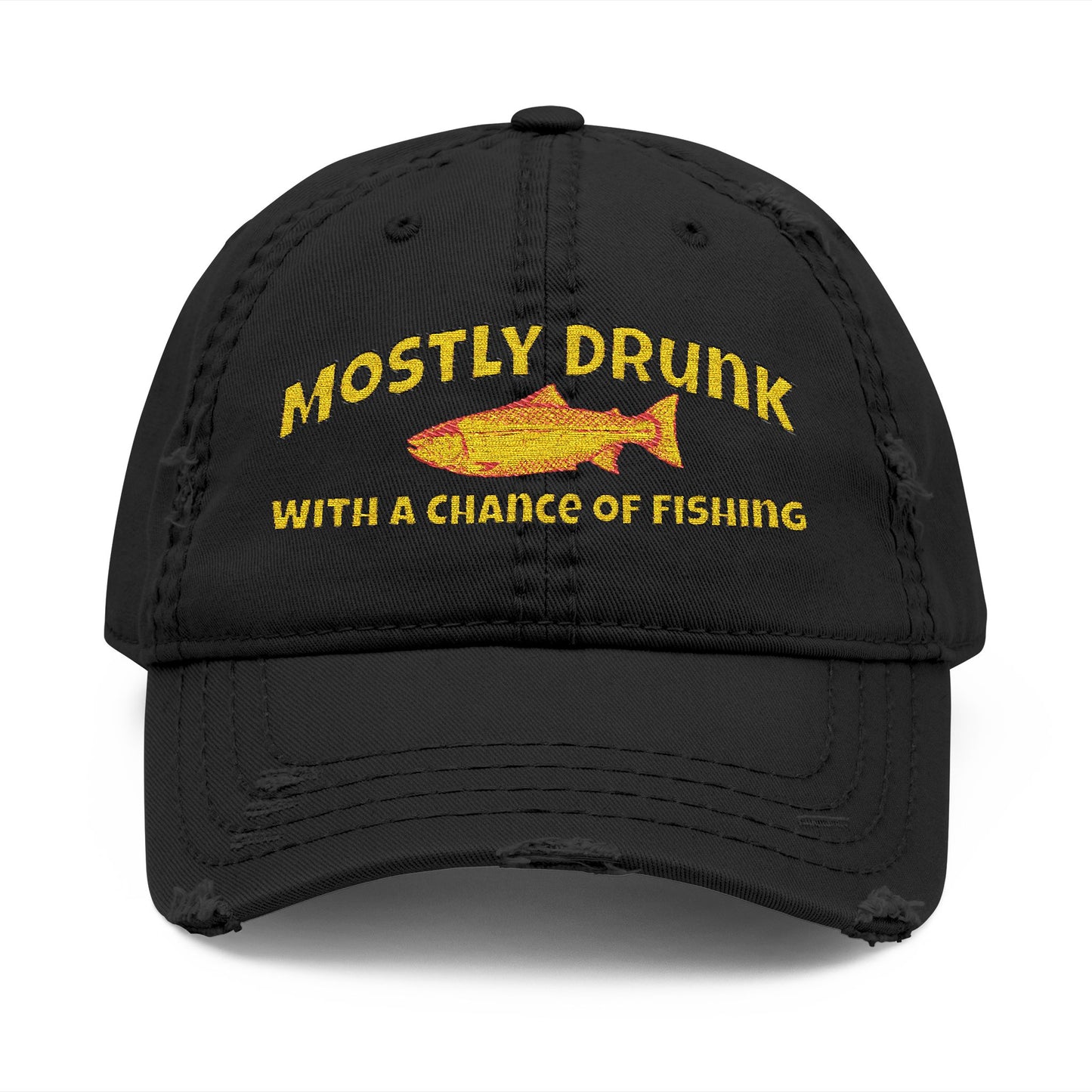 Black cap with yellow text and fish graphic on a white background