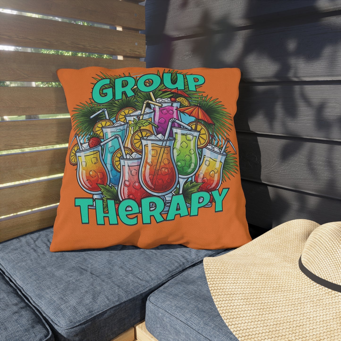 Decorative pillow with 'Group Therapy' and cocktail design on a chair outdoors.