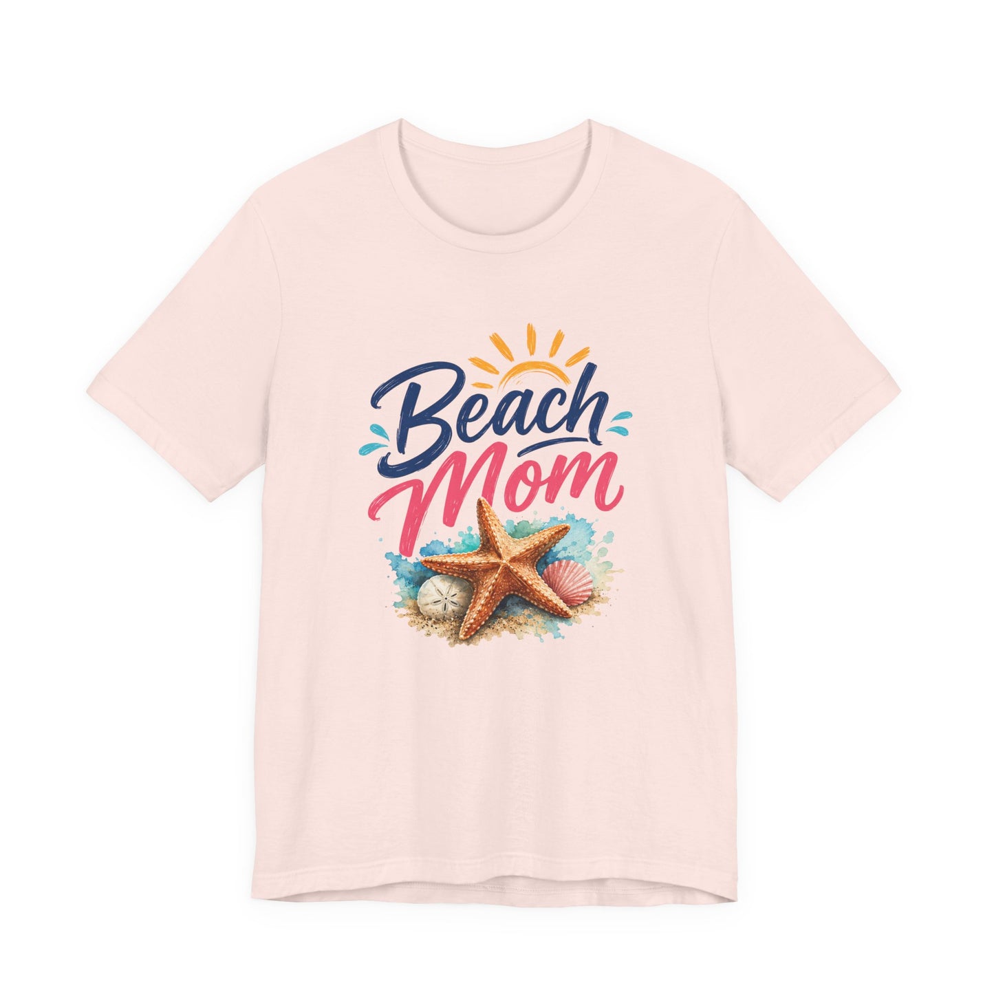 Pink t-shirt with 'Beach Mom' text and starfish design on a white background