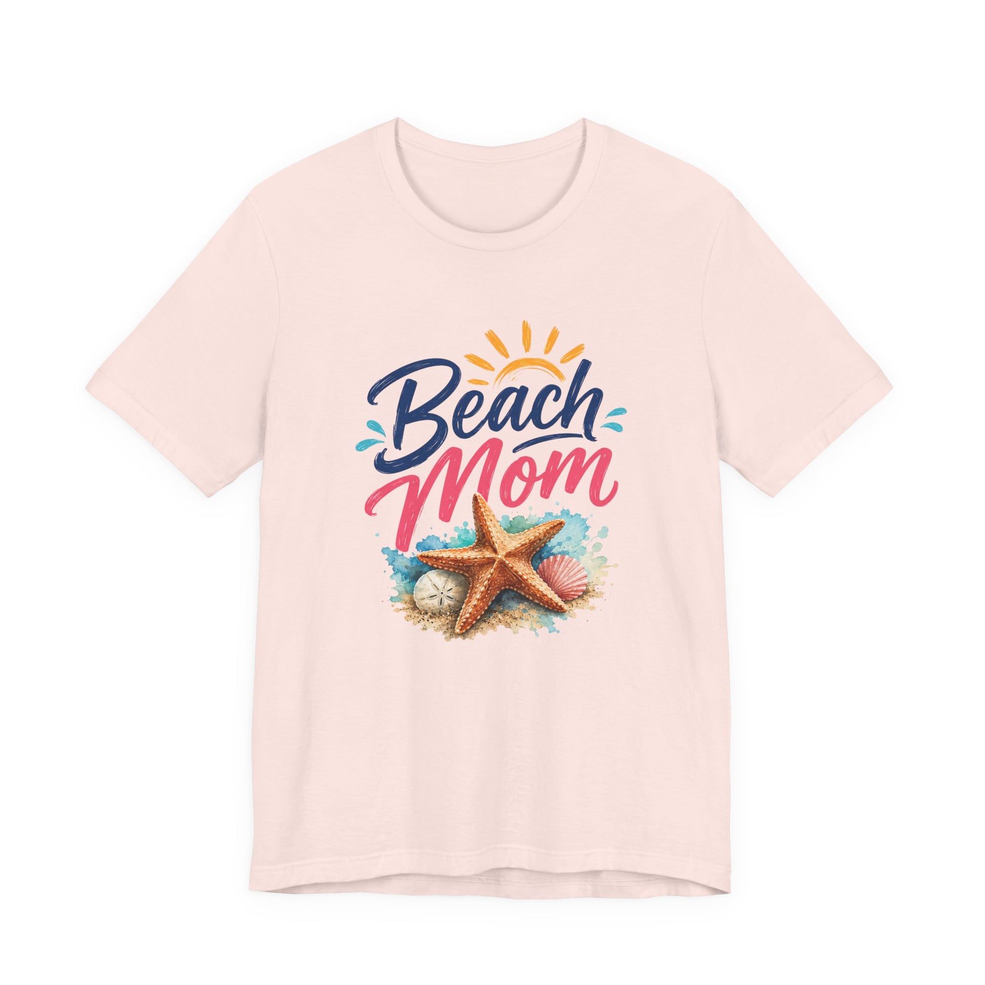 Pink t-shirt with 'Beach Mom' text and starfish design on a white background