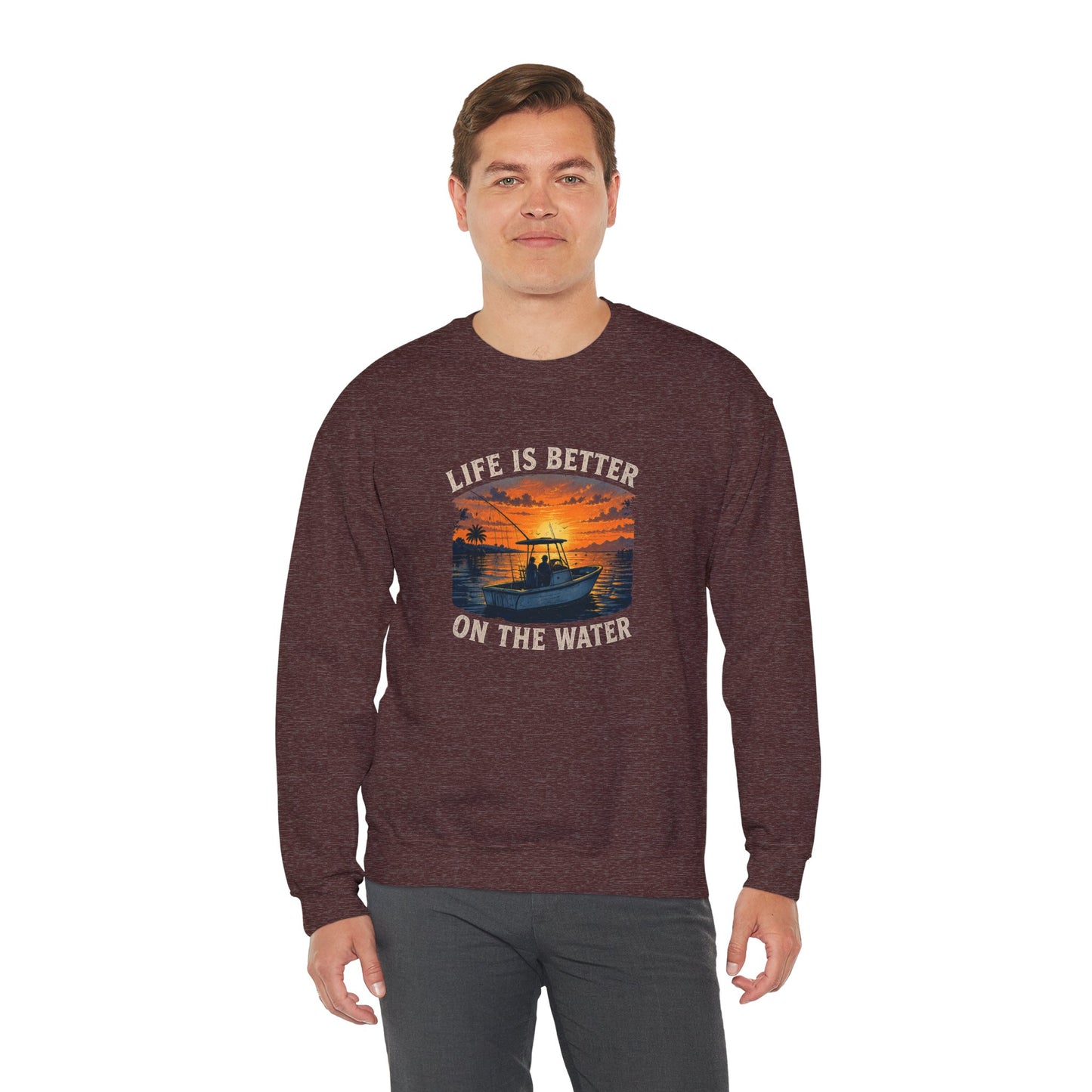 "Life Is Better On The Water" Crewneck Sweatshirt -Boat Sunset Graphic