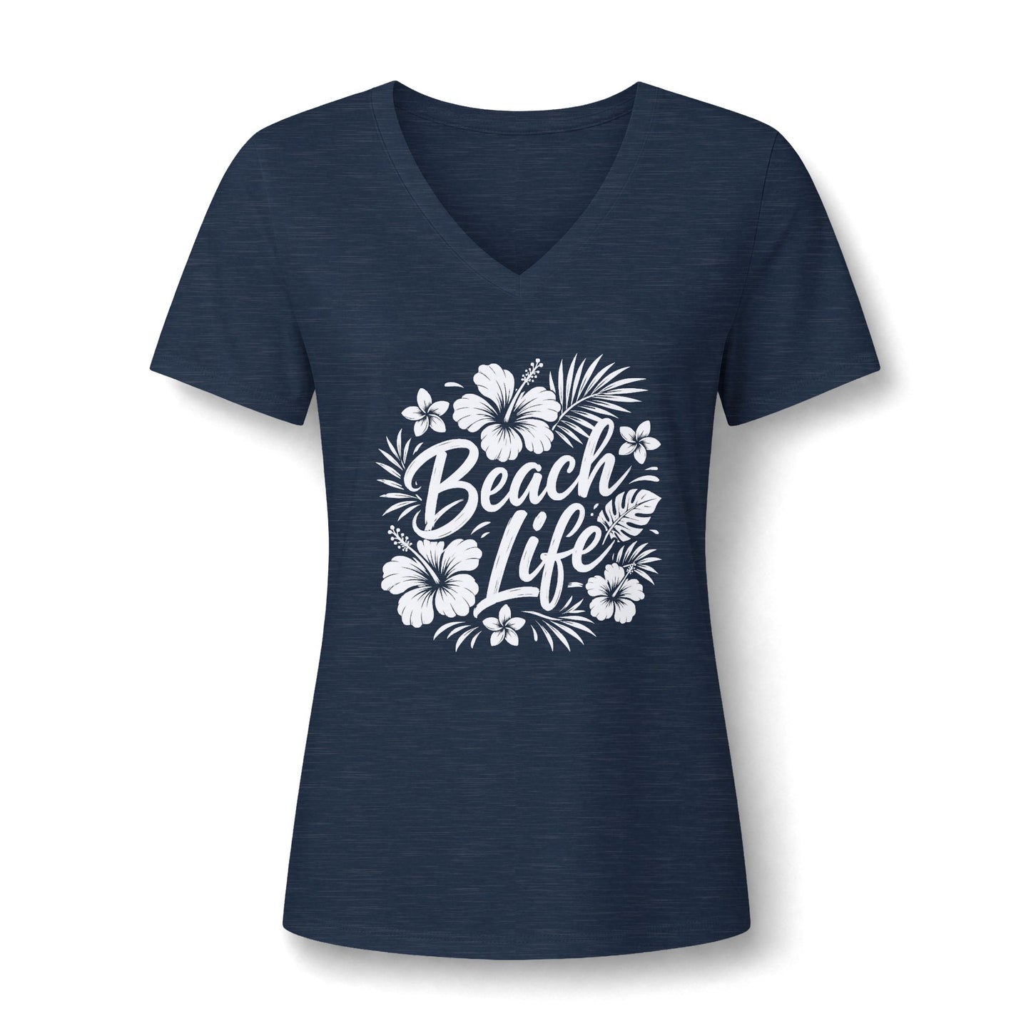 Beach Life V-Neck Tee — Women's Tropical Hibiscus Graphic