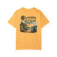 Yellow t-shirt with beach graphic and text on a white background