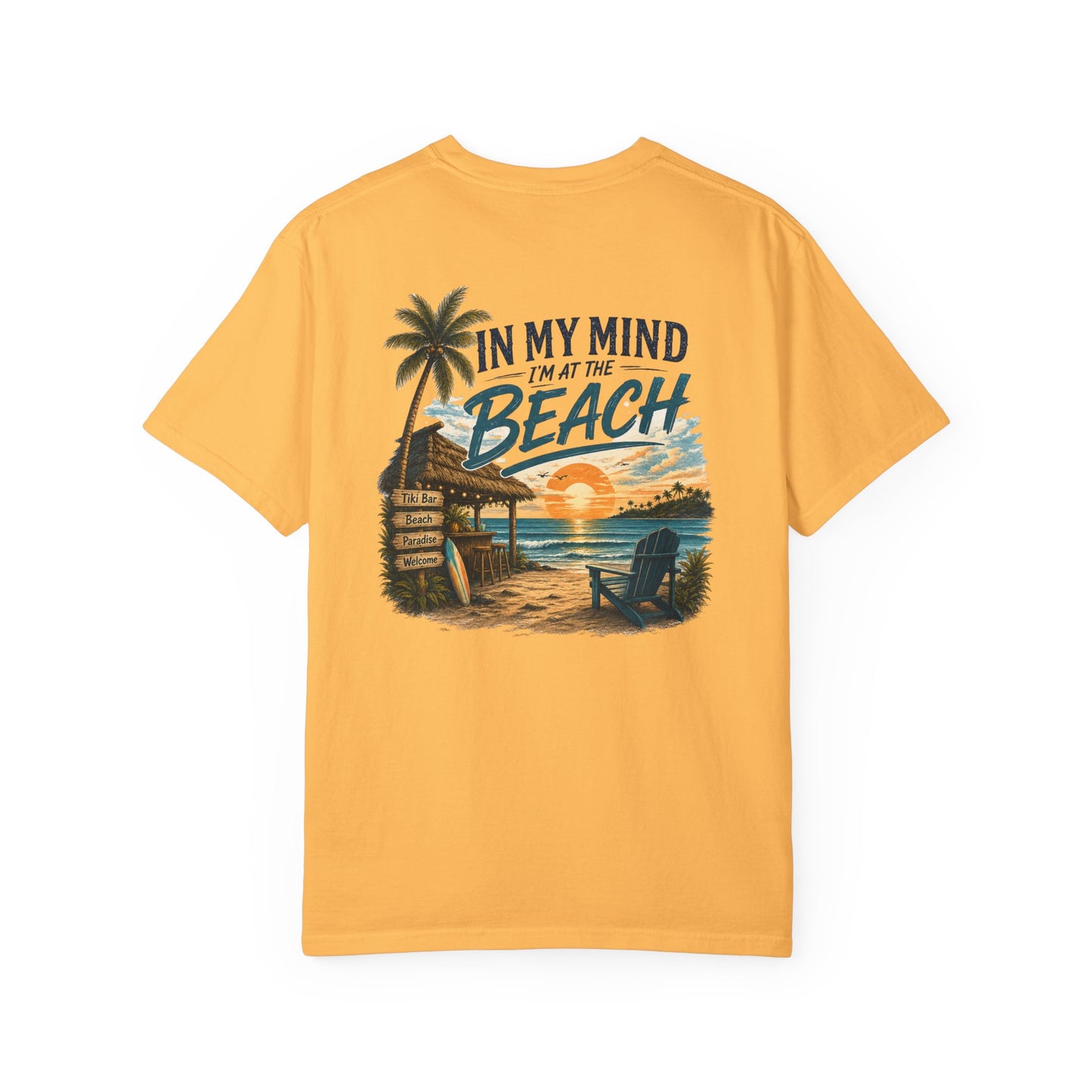 Yellow t-shirt with beach graphic and text on a white background