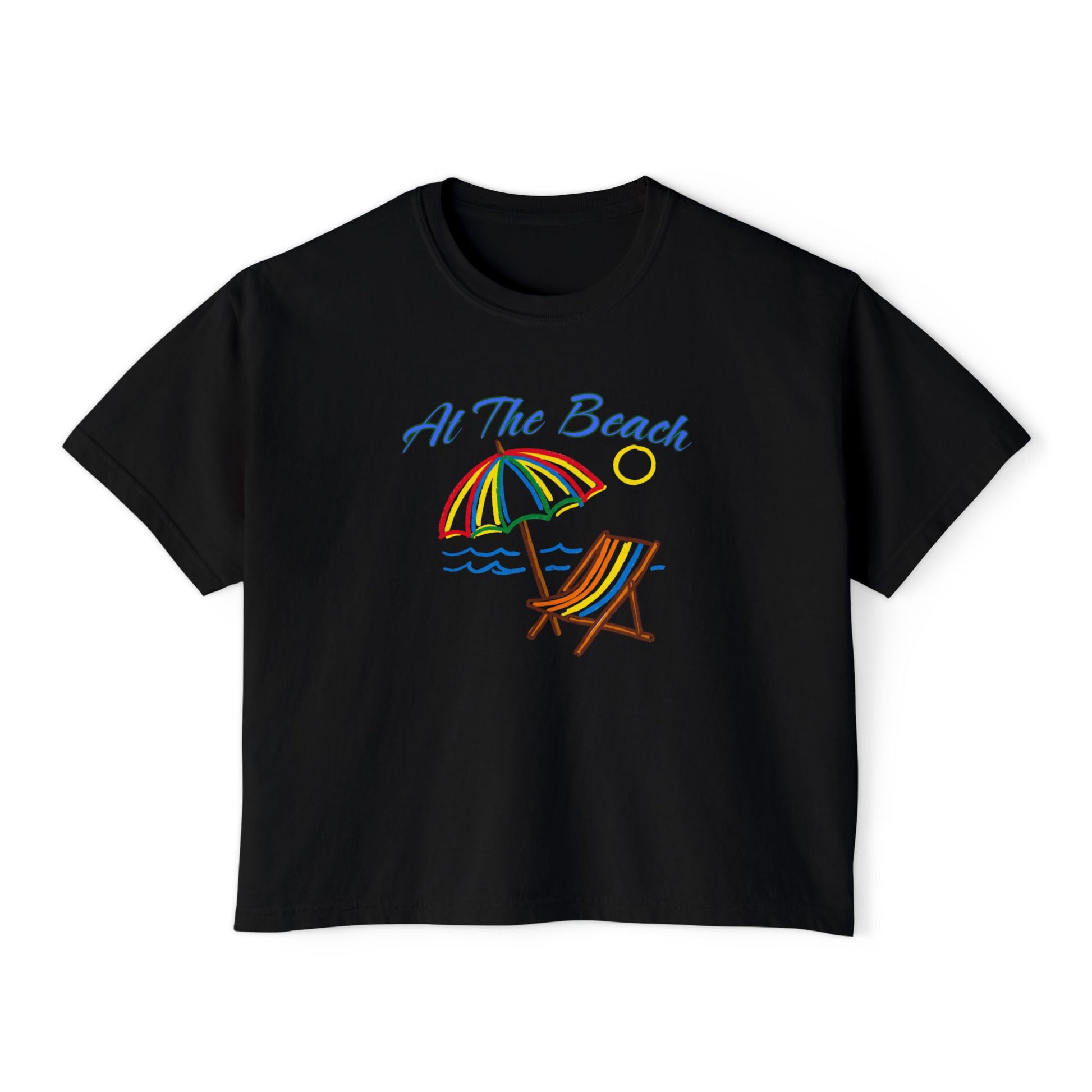 All The Beach Women's Boxy Tee – Beach Umbrella & Chair Summer Shirt by Caribbean Rays