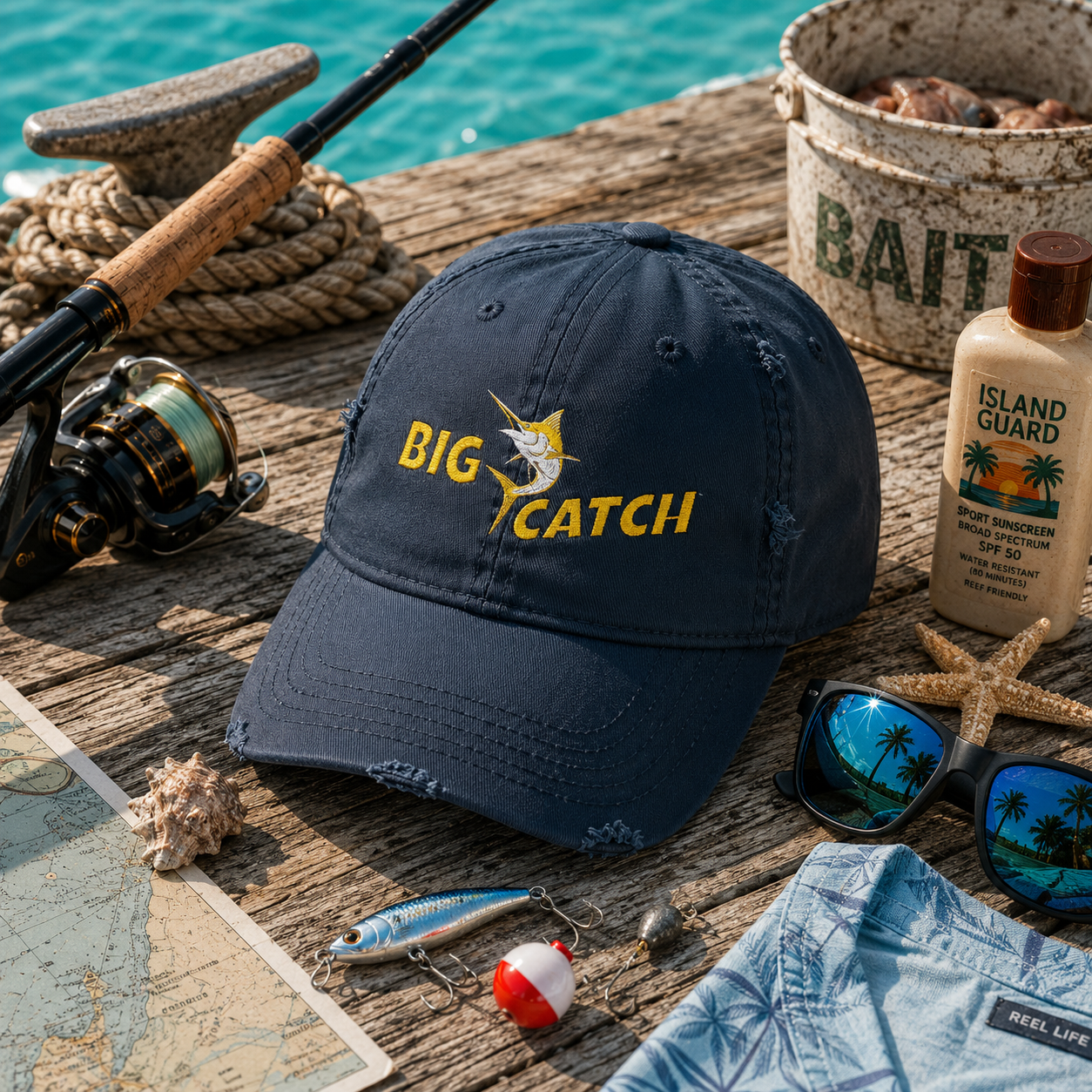 Big Catch Embroidered Distressed Dad Hat — Fishing Marlin Cap