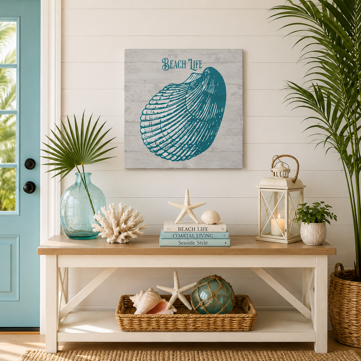 Nautical-themed decor with a shell painting, lantern, and books on a wooden bench.