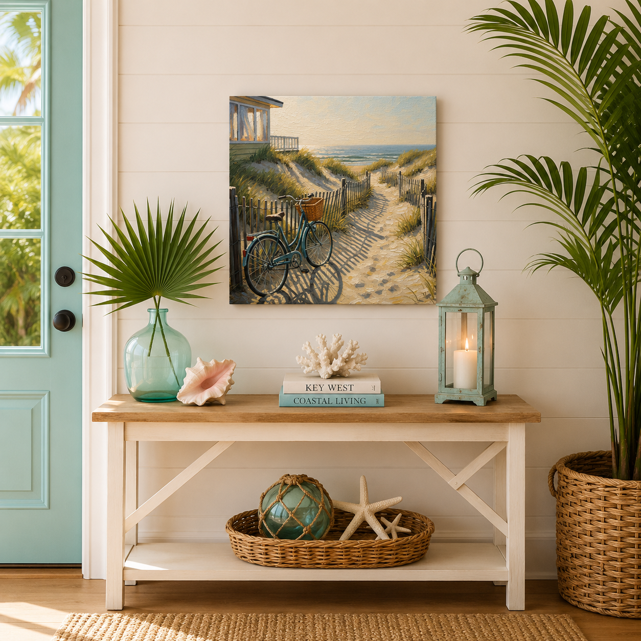 Nautical-themed decor with a bench, lantern, and beach-themed painting in a room with a green door and plants.