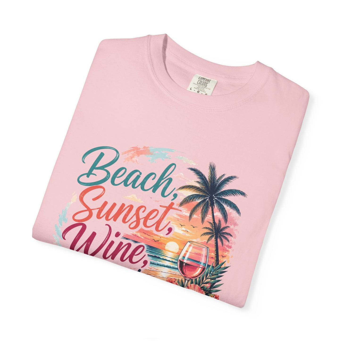 Beach Sunset Wine T-Shirt — "Beach, Sunset, Wine, Perfect Day" Tropical Graphic Tee