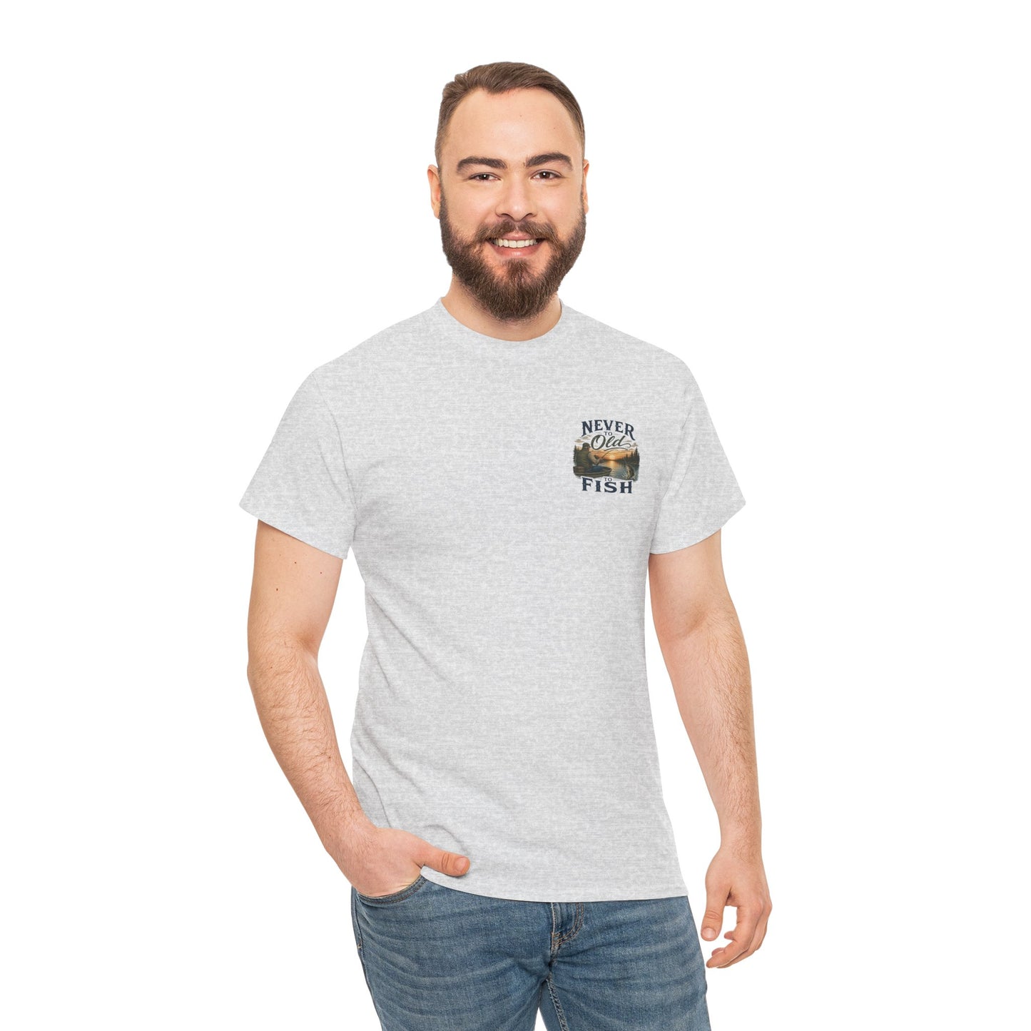 T-Shirt — "Never Too Old to Fish" Fishing Tee (Sunset Lake Design)