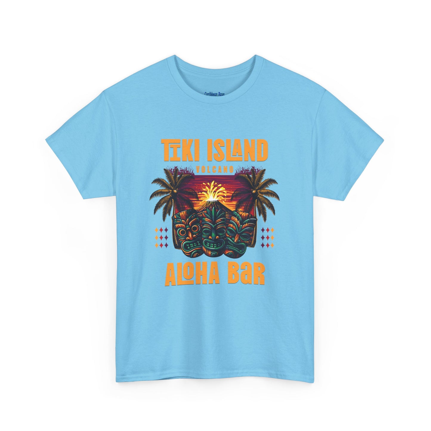 Light blue t-shirt with Tiki Island Aloha Bar design on a white background  at Caribbean Rays