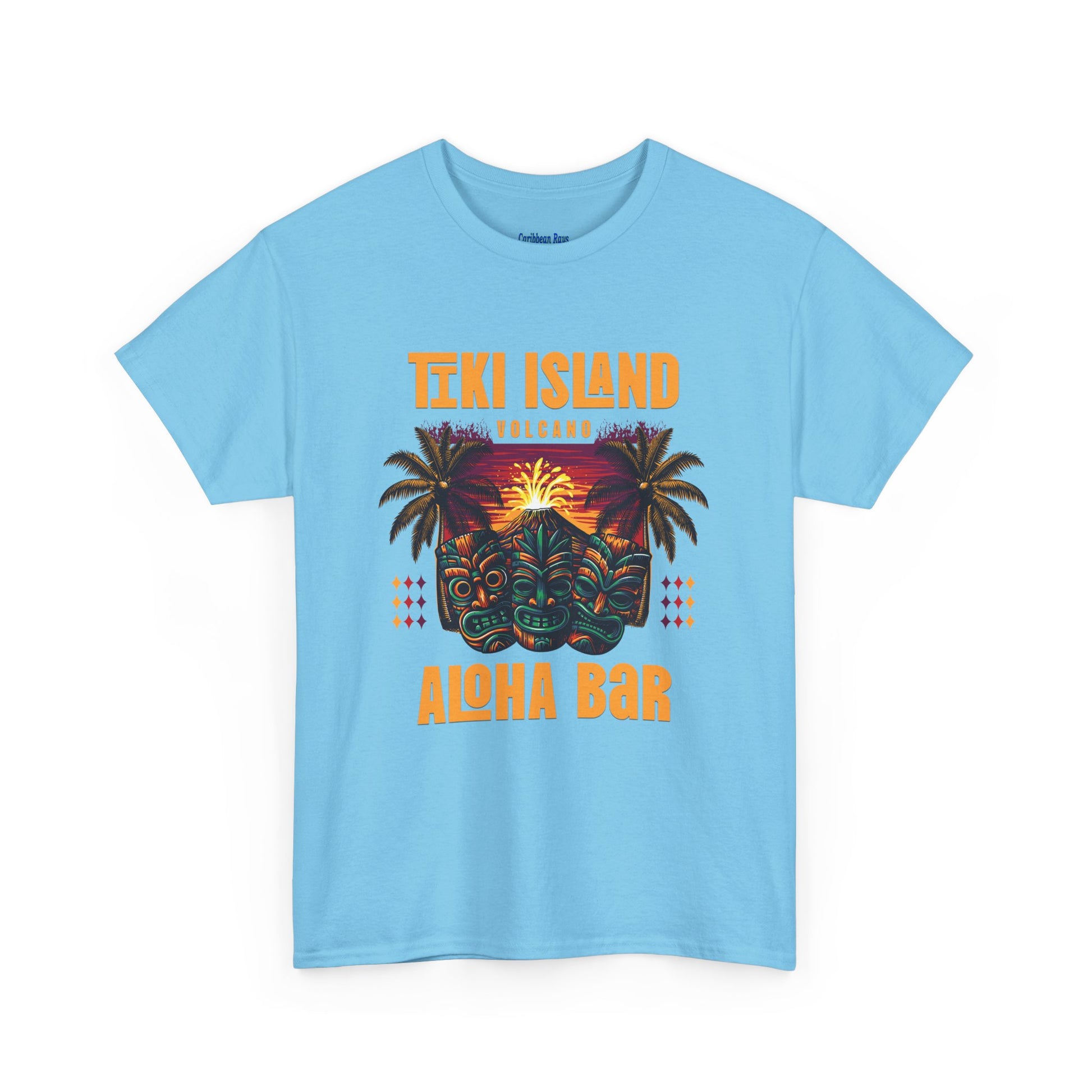 Light blue t-shirt with Tiki Island Aloha Bar design on a white background  at Caribbean Rays