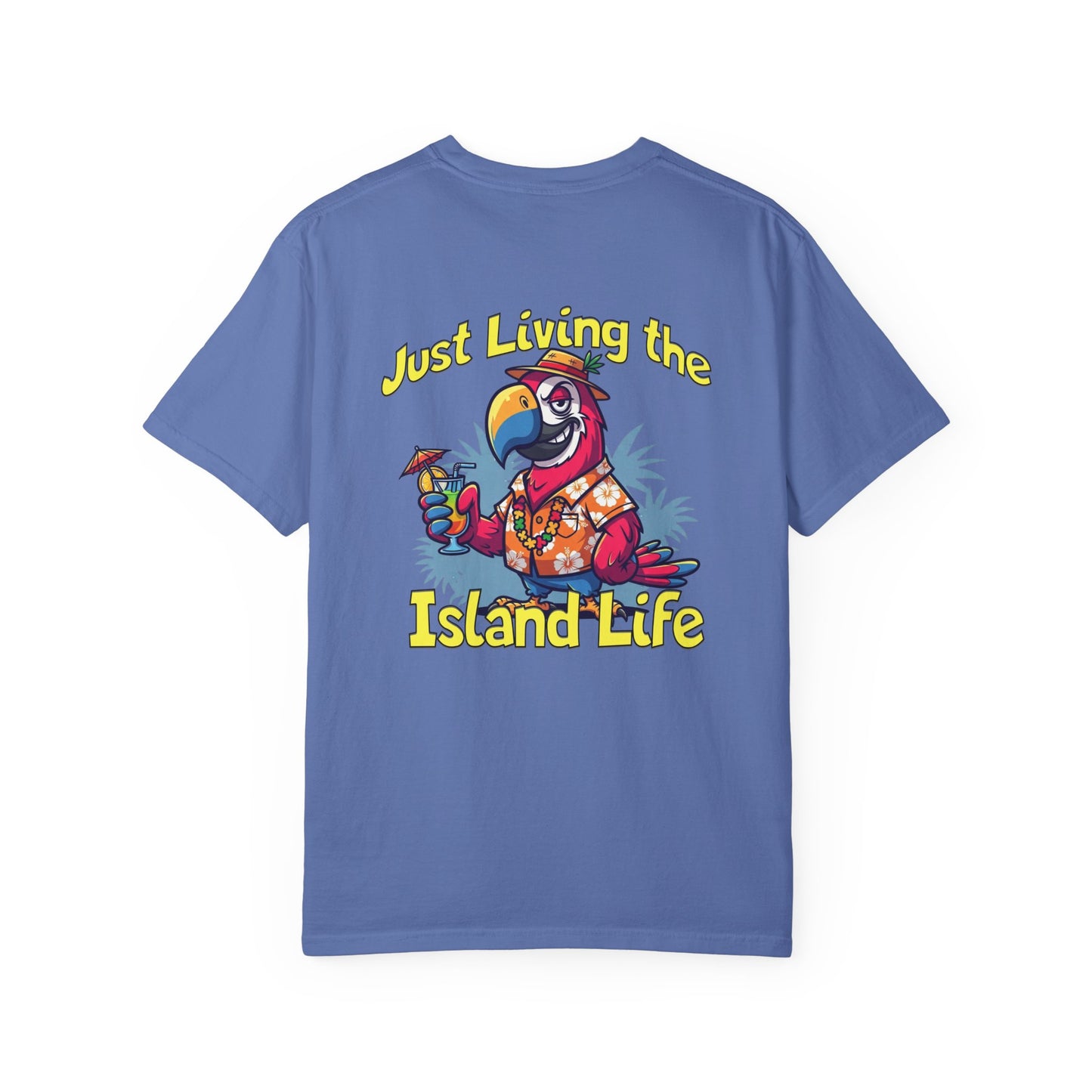 Blue t-shirt with a cartoon parrot and 'Just Living the Island Life' text on a white background