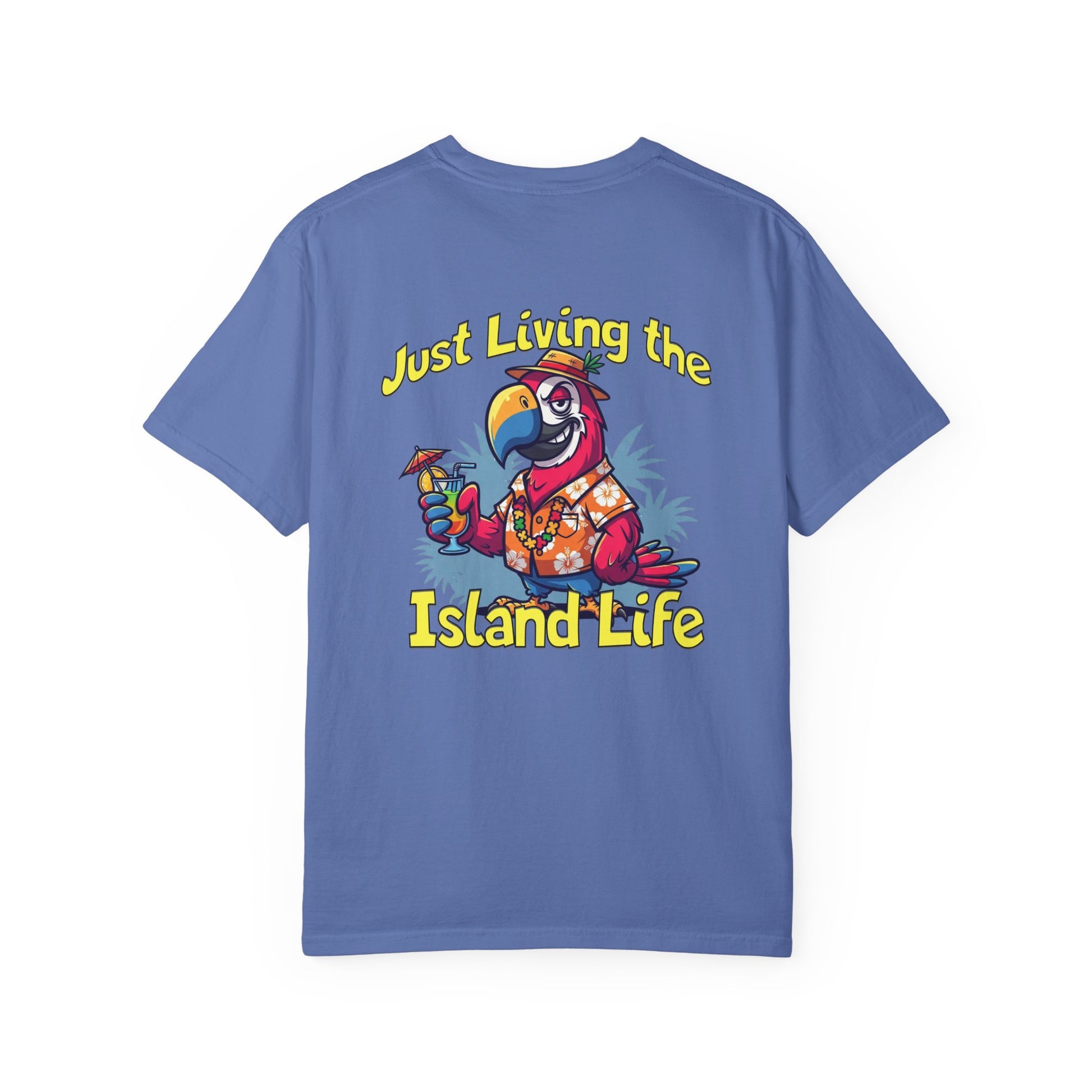 Blue t-shirt with a cartoon parrot and 'Just Living the Island Life' text on a white background