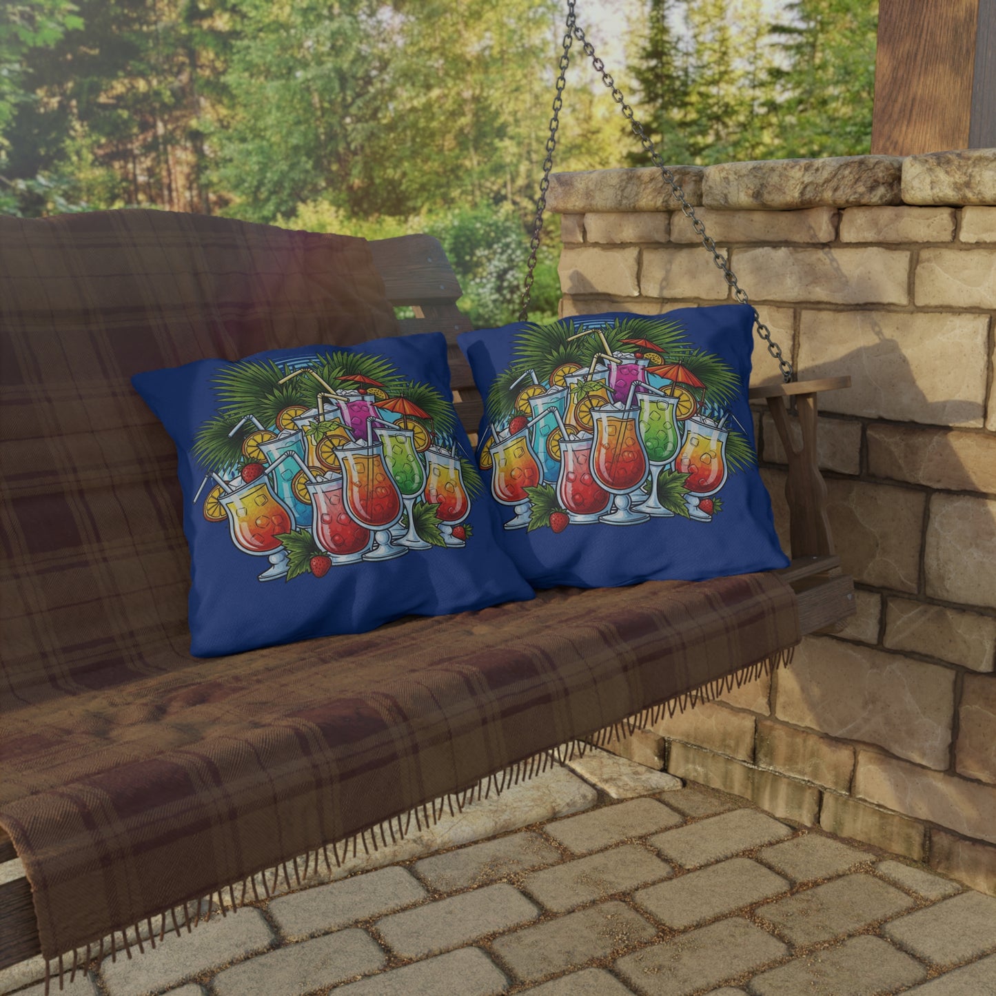 Navy Blue Tropical Cocktail Outdoor Pillow