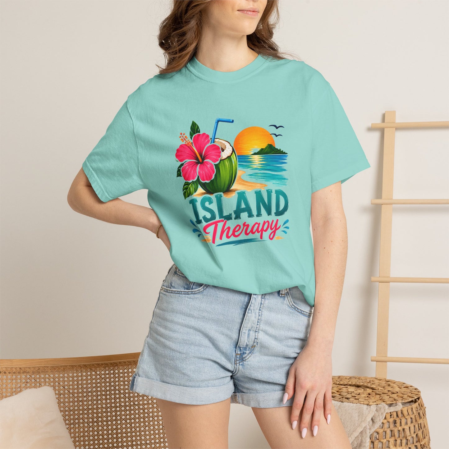 Island Therapy T‑Shirt — Tropical Sunset Coconut Drink Beach Tee