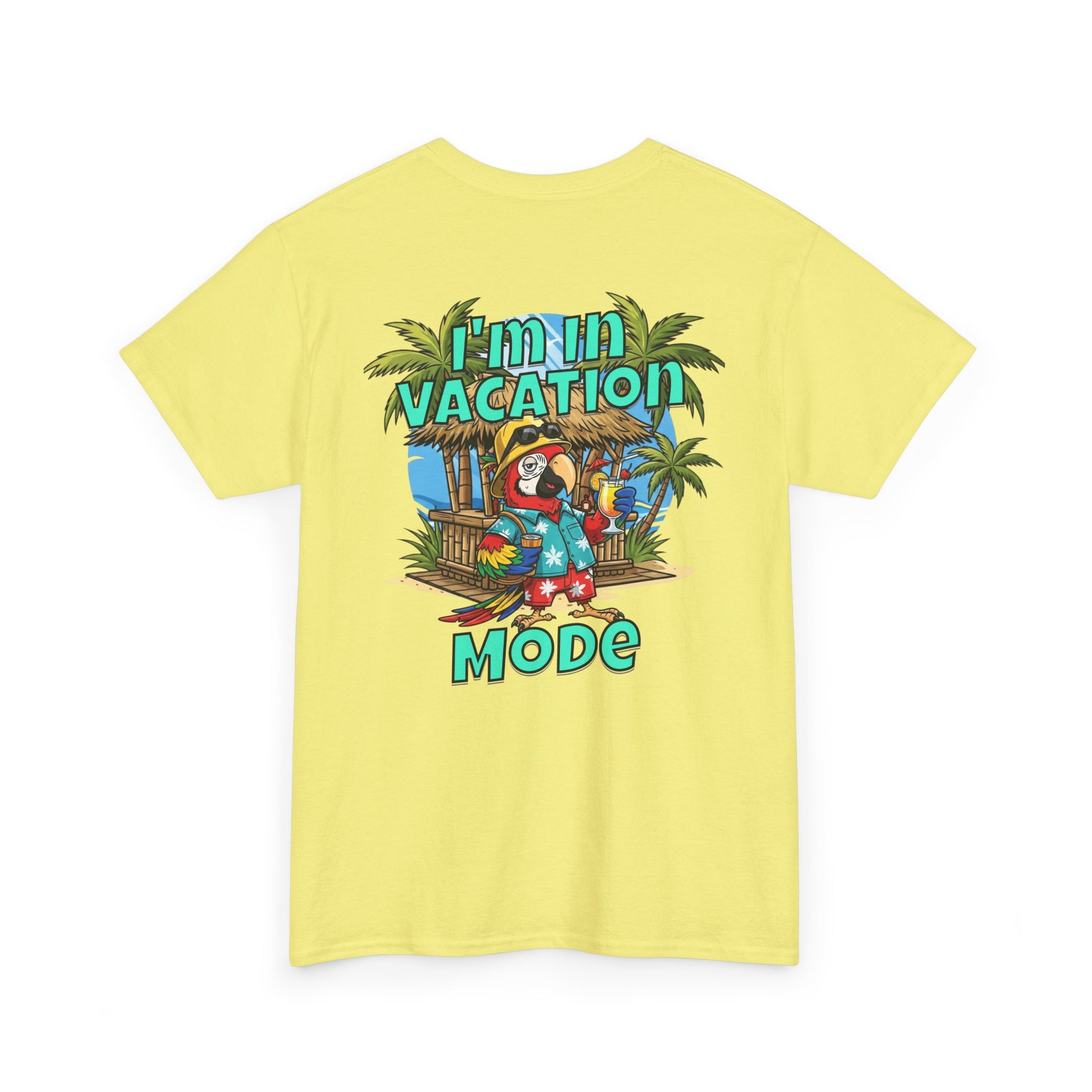 Yellow t-shirt with a tropical graphic and 'I'm in Vacation Mode' text on a white background